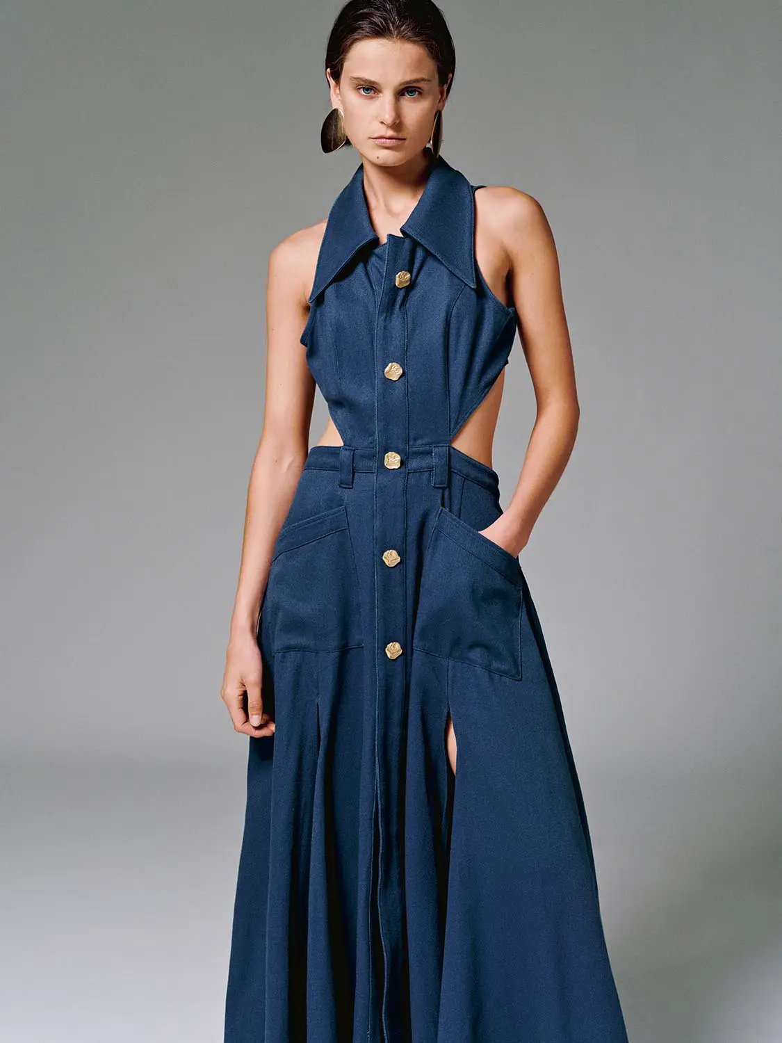 Halter Collar Cutout Sleeveless Cotton Maxi Dress