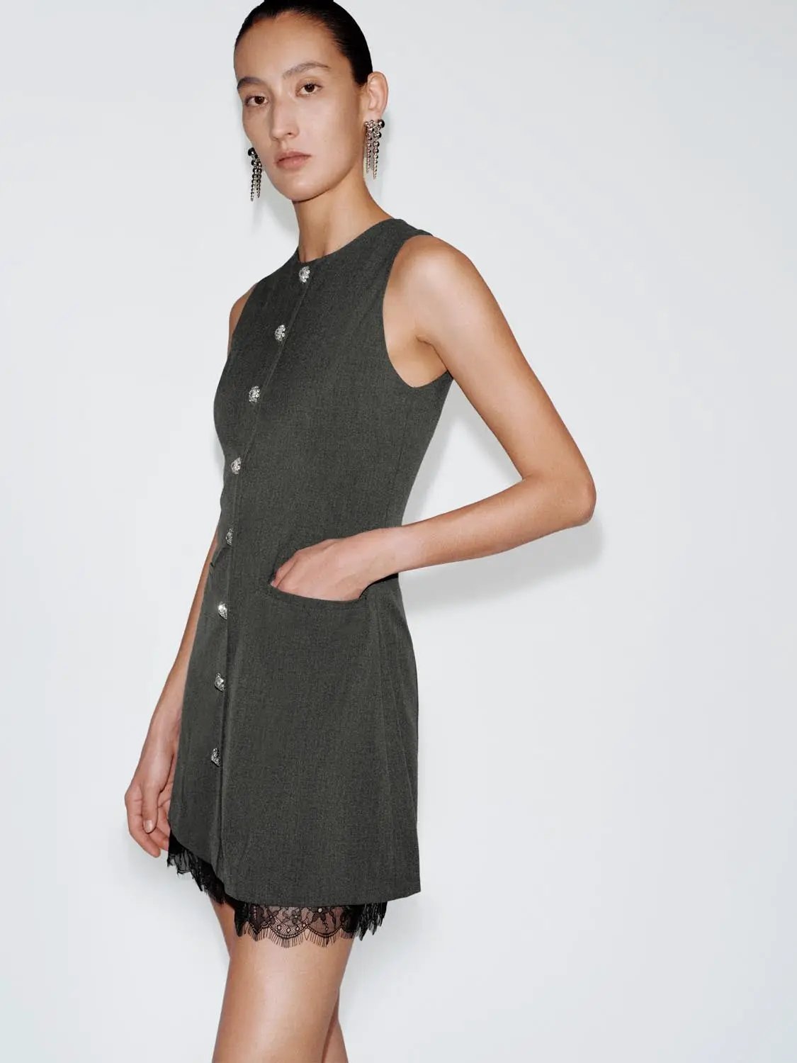 Buttoned Front A-line Lace Hem Charcoal Dress