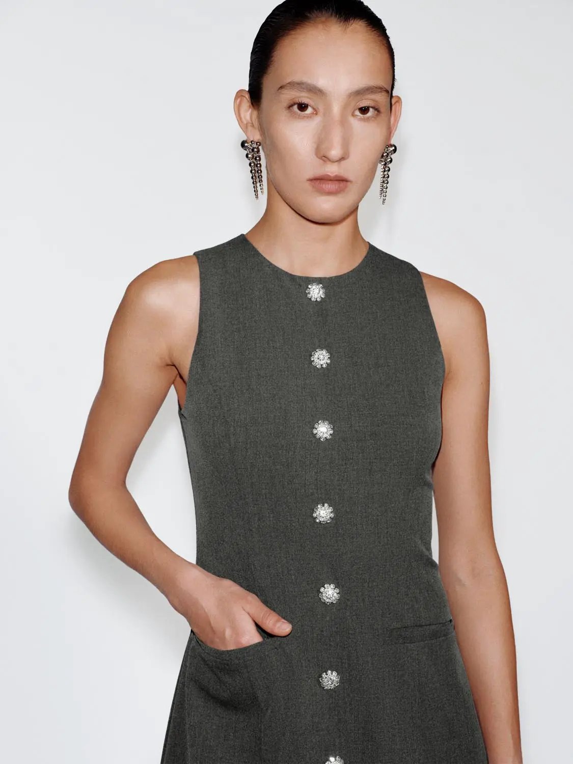 Buttoned Front A-line Lace Hem Charcoal Dress