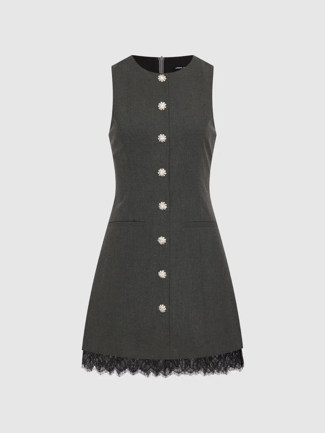 Buttoned Front A-line Lace Hem Charcoal Dress