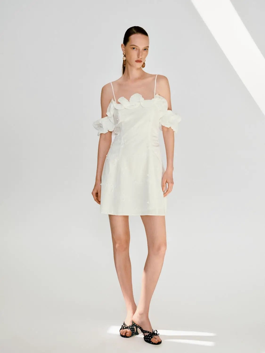 Off Shoulder 3D Floral Ruffle Strap Slim A Line Mini Dress
