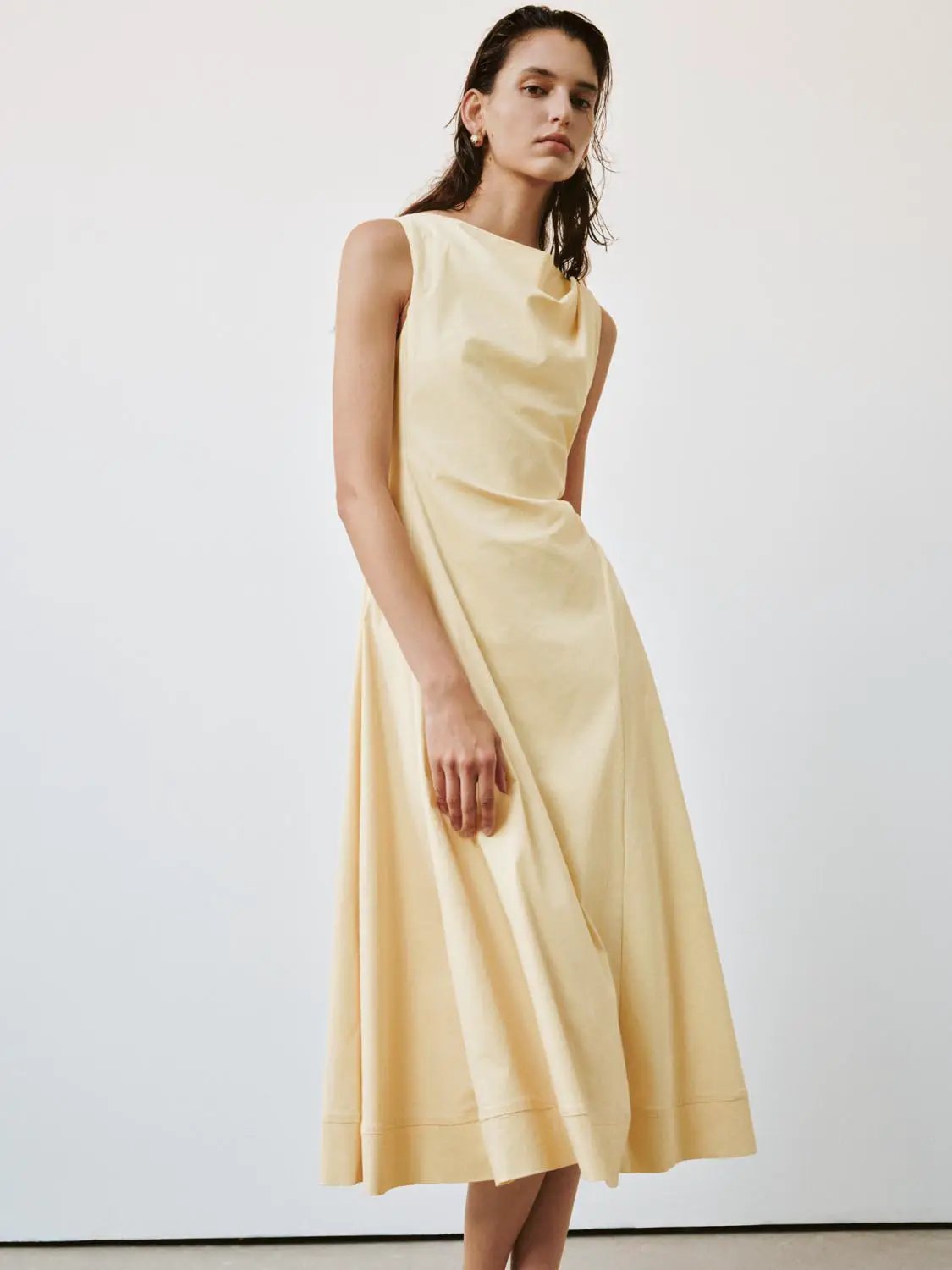 Draped Cowl Neck Sleeveless Linen Blend A-Line Midi Dress