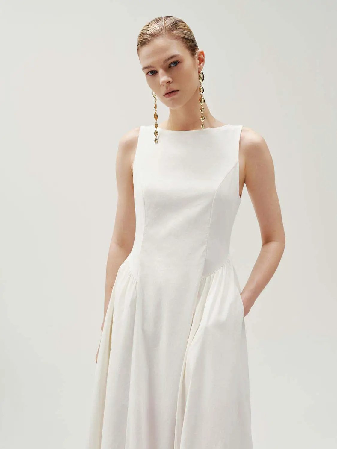 Crepe Open-Back Sleeveless A-Line Midi Dress