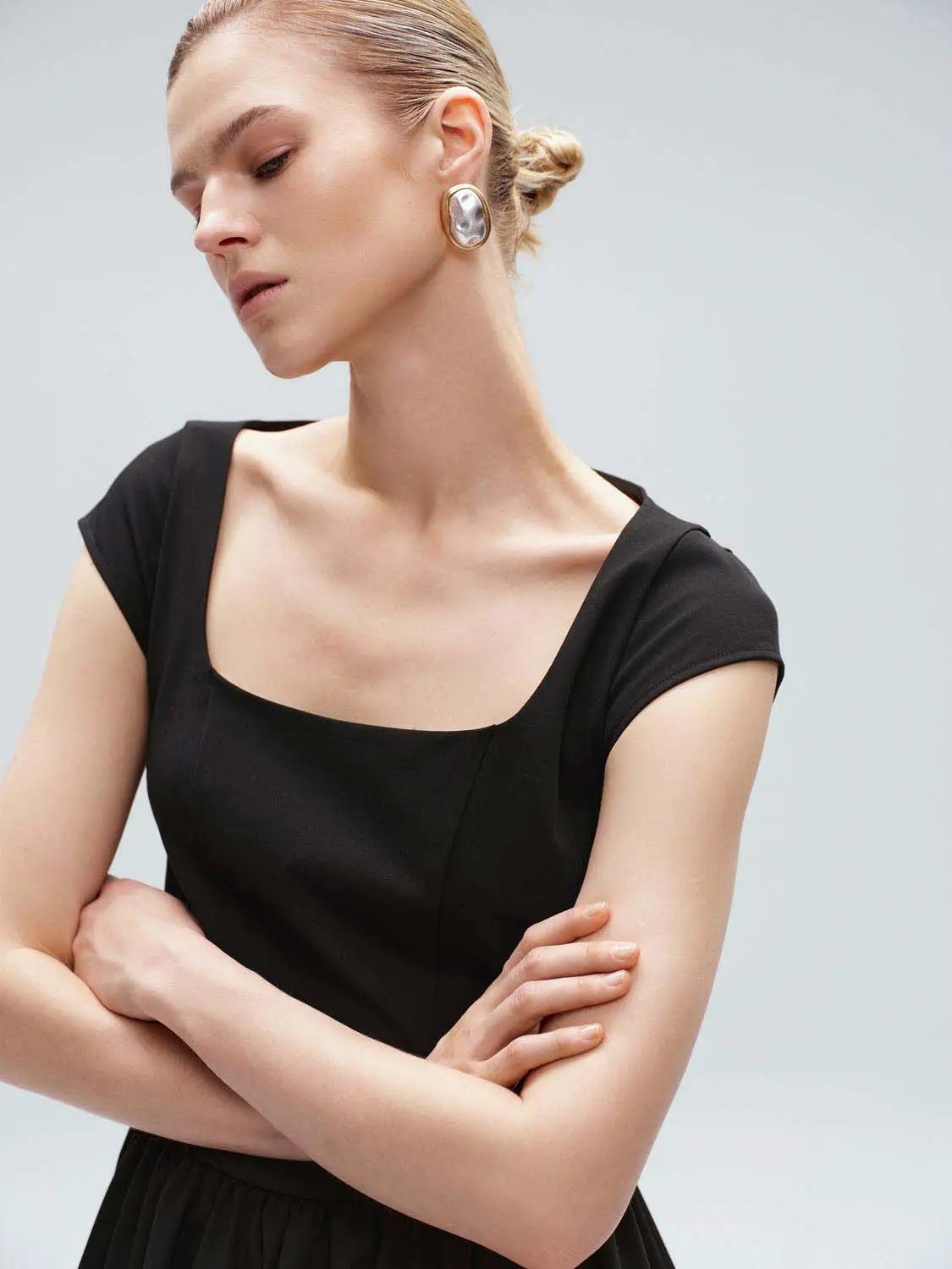 Flared Pleated Elastic Waist A-Line Midi Dress