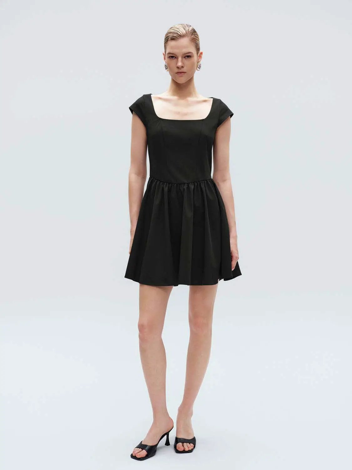 Flared Pleated Elastic Waist A-Line Midi Dress