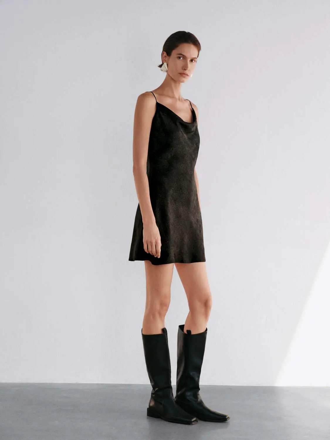 Sleeveless Cowl Neck Textured Flared Mini Dress