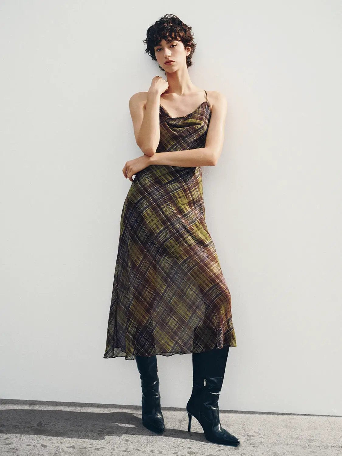 Plaid Cowl Neck Spaghetti Strap A-Line Dress