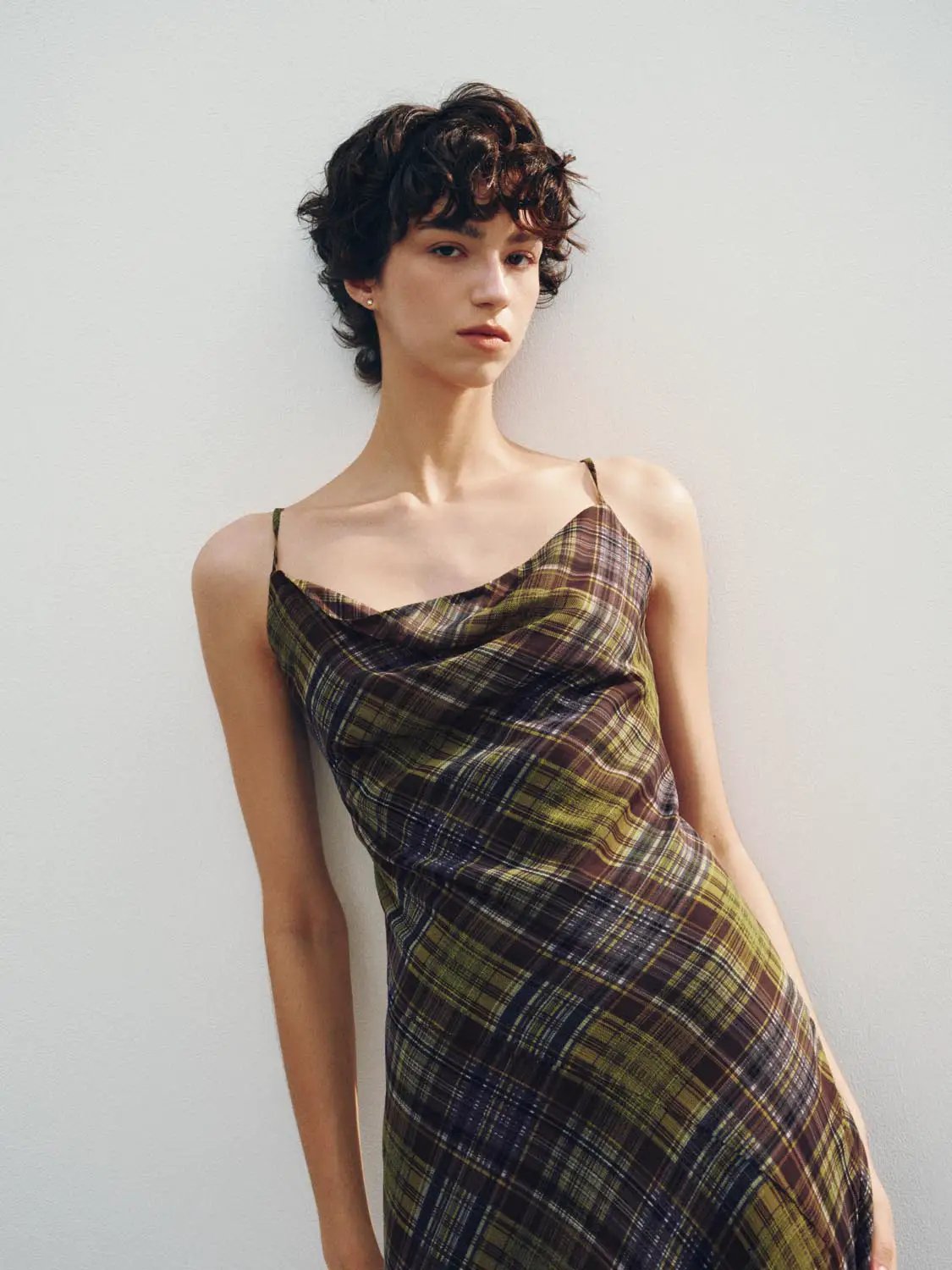 Plaid Cowl Neck Spaghetti Strap A-Line Dress