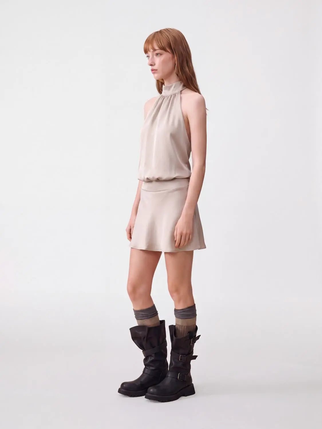 Ruched A-Line Halter Neck Sleeveless Mini Dress