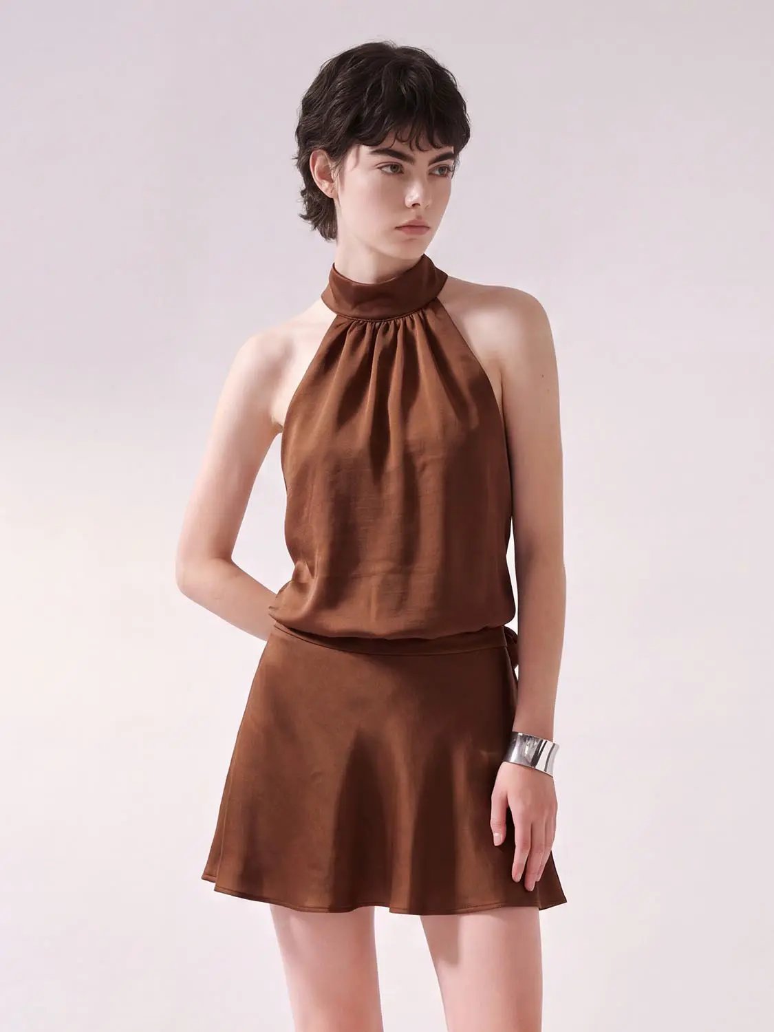Ruched A-Line Halter Neck Sleeveless Mini Dress