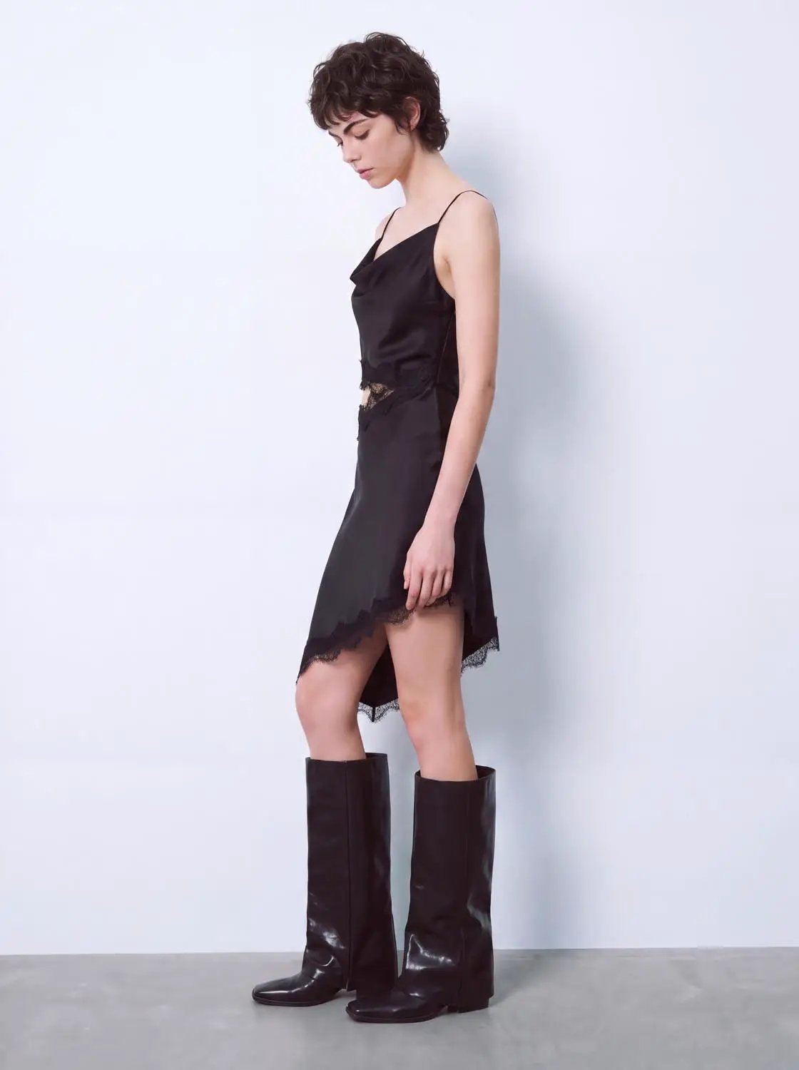 Lace Panelled Asymmetric Cowl Neck Sleeveless Mini Dress