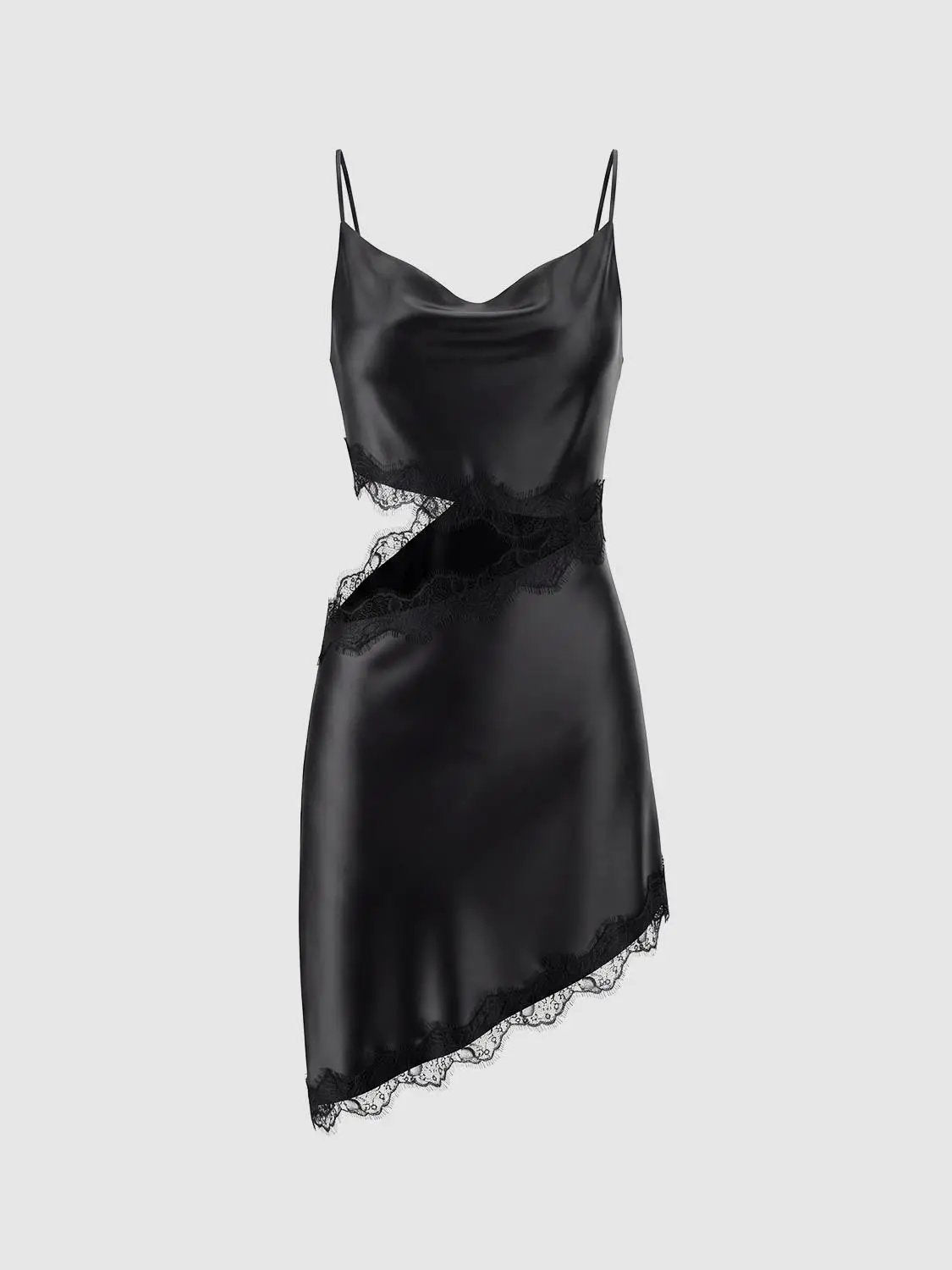 Lace Panelled Asymmetric Cowl Neck Sleeveless Mini Dress