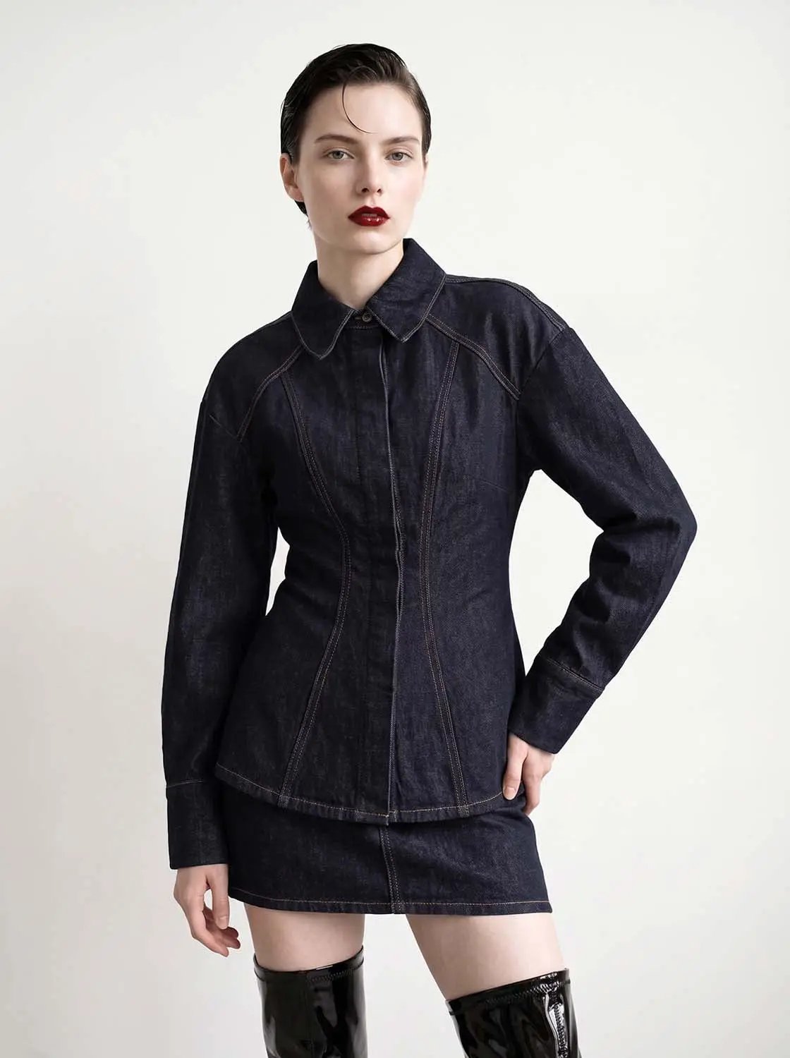 Drop Shoulder Sleeve Skinny Denim Shirt