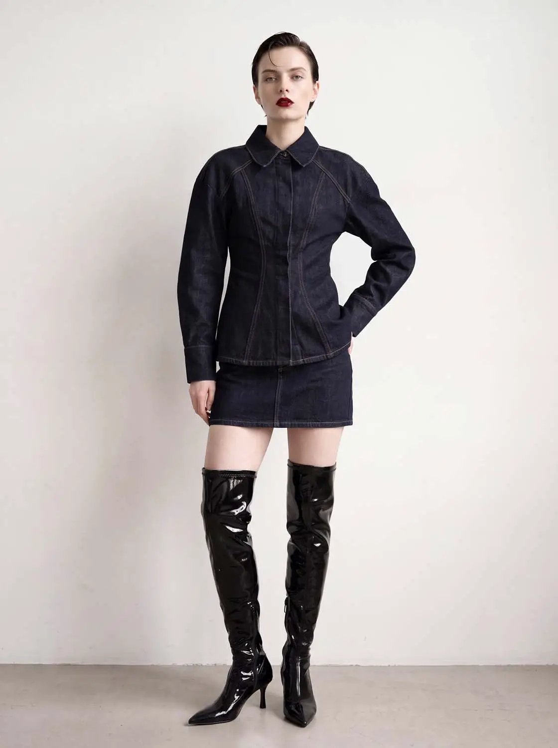 Drop Shoulder Sleeve Skinny Denim Shirt