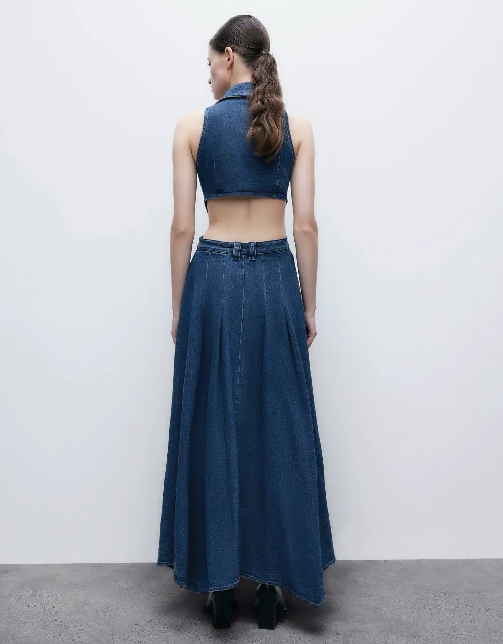 Sleeveless Lapel Collar Cutout Split Maxi Denim Dress