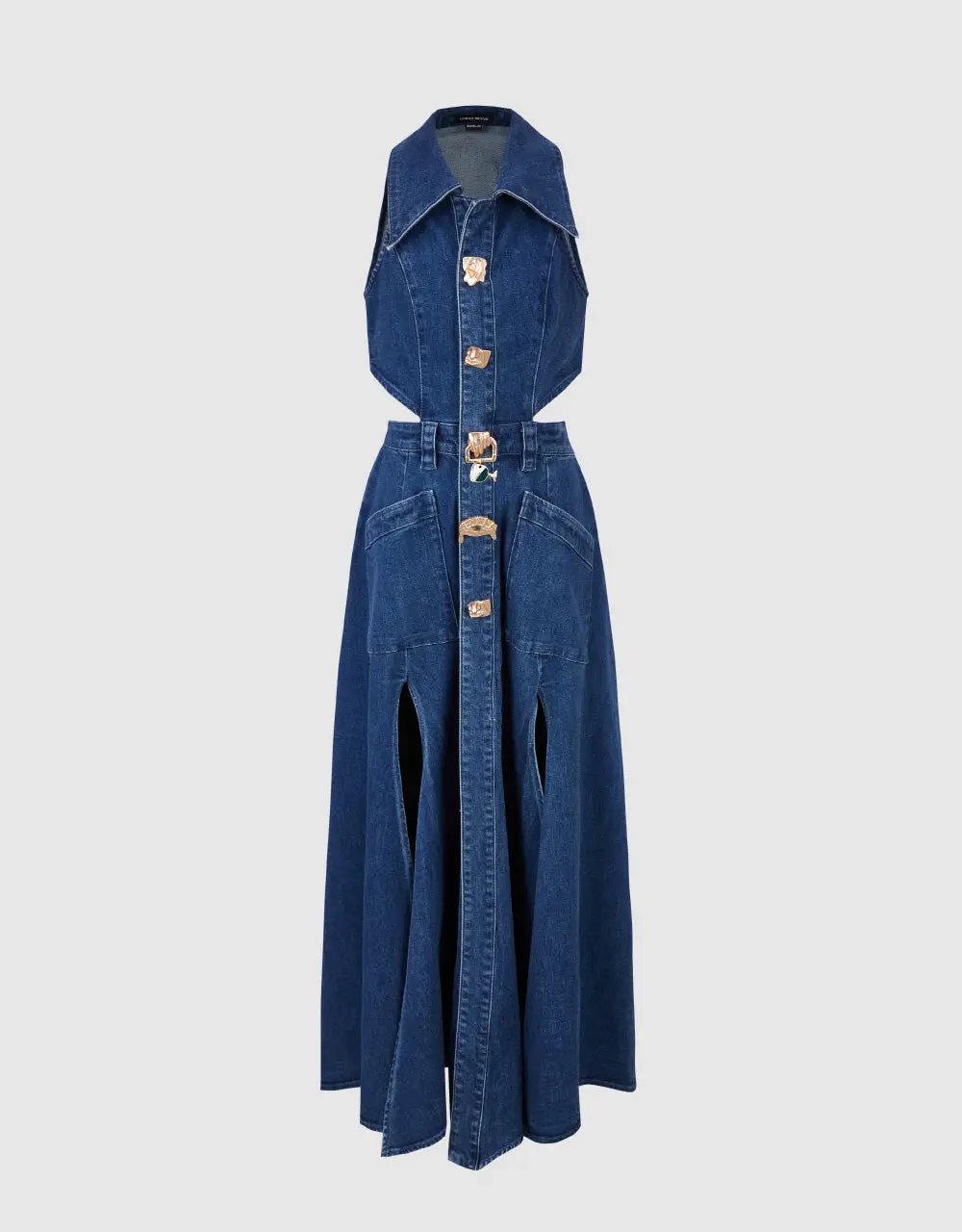 Sleeveless Lapel Collar Cutout Split Maxi Denim Dress
