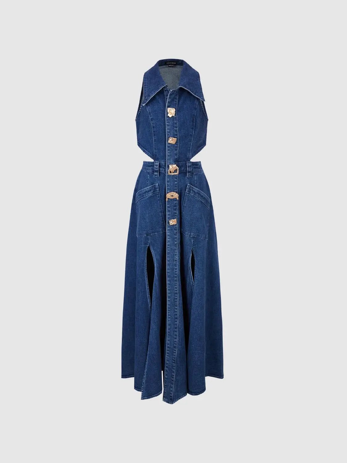 Point Collar Cut-Out Sleeveless Cotton Denim Maxi Dress
