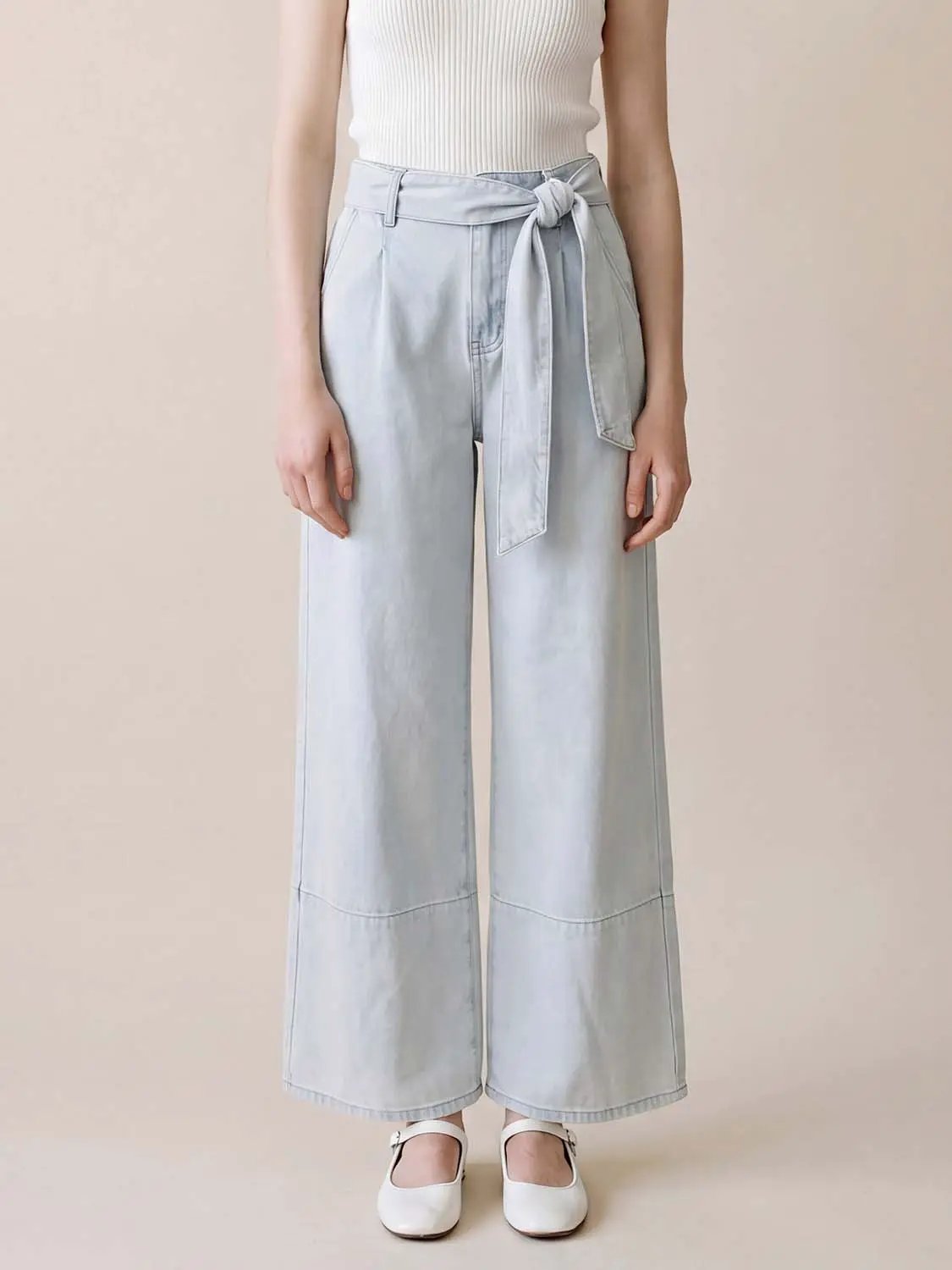 High Waist Tie Belt Washed Wide Leg Denim Pants
