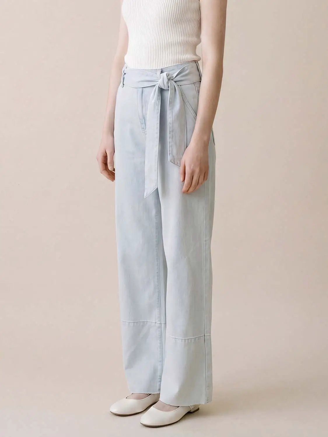 High Waist Tie Belt Washed Wide Leg Denim Pants
