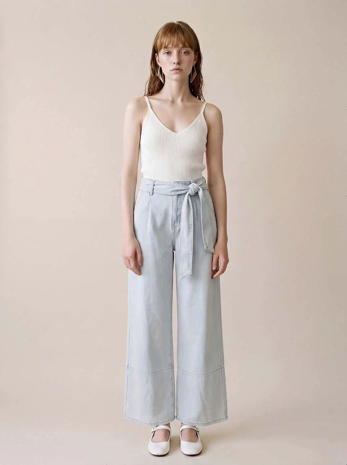 High Waist Tie Belt Washed Wide Leg Denim Pants