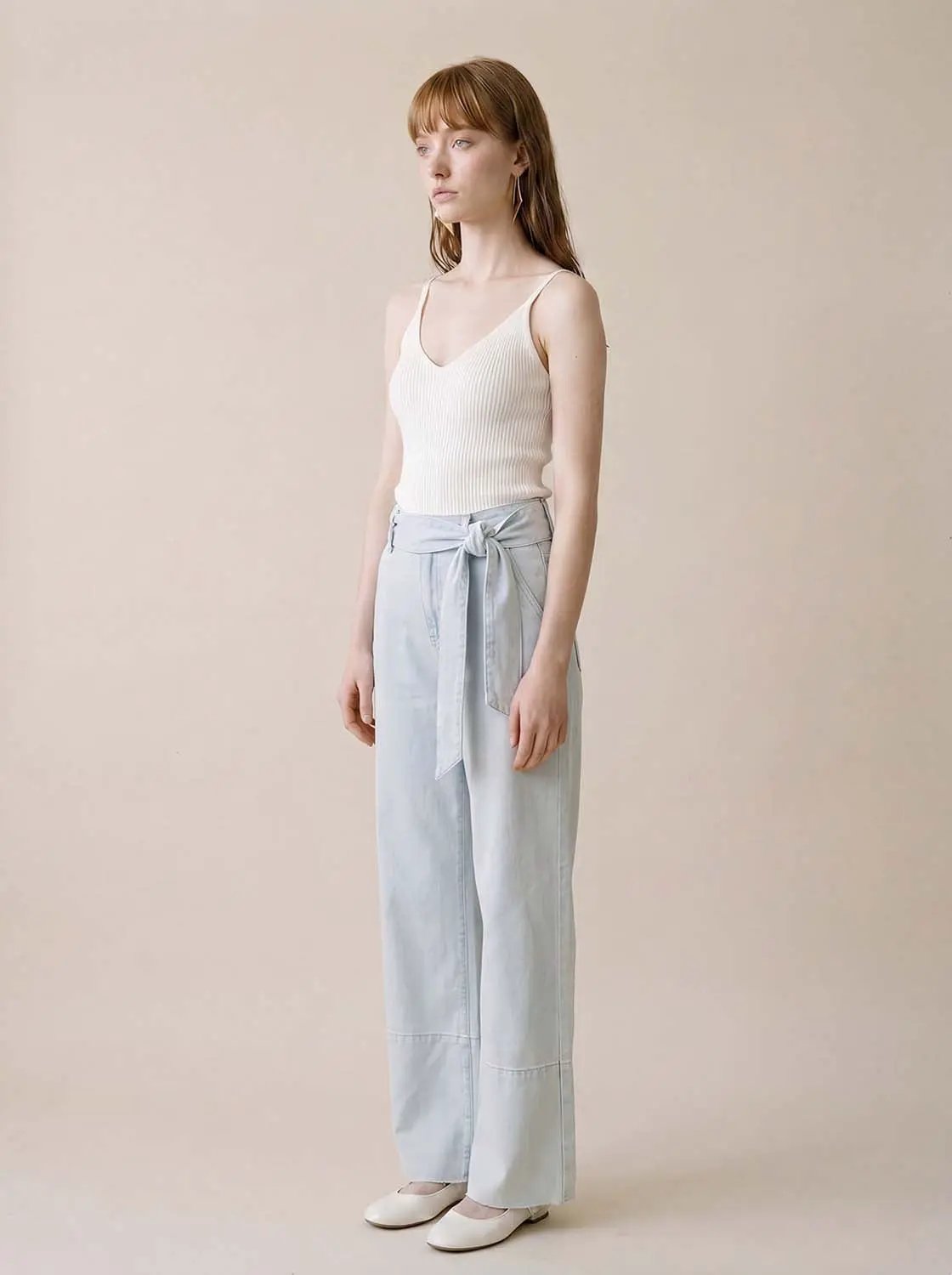 High Waist Tie Belt Washed Wide Leg Denim Pants