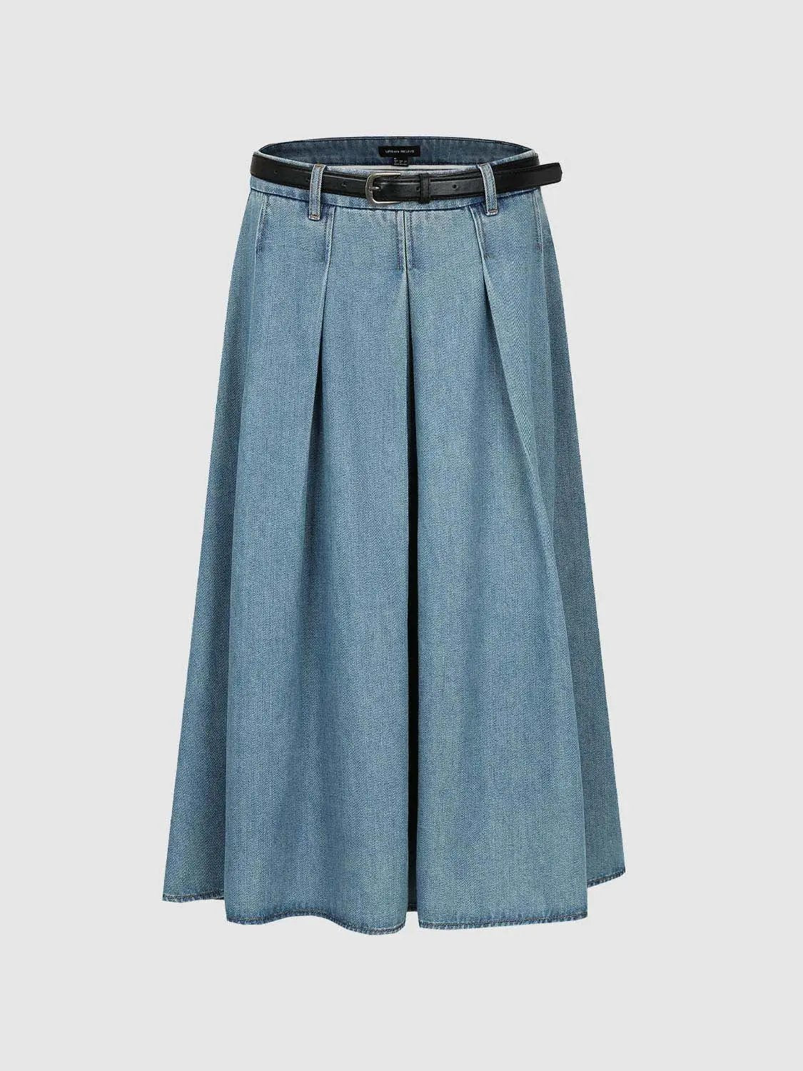 High Waist Pleated Belted Cotton Denim Midi Skirt
