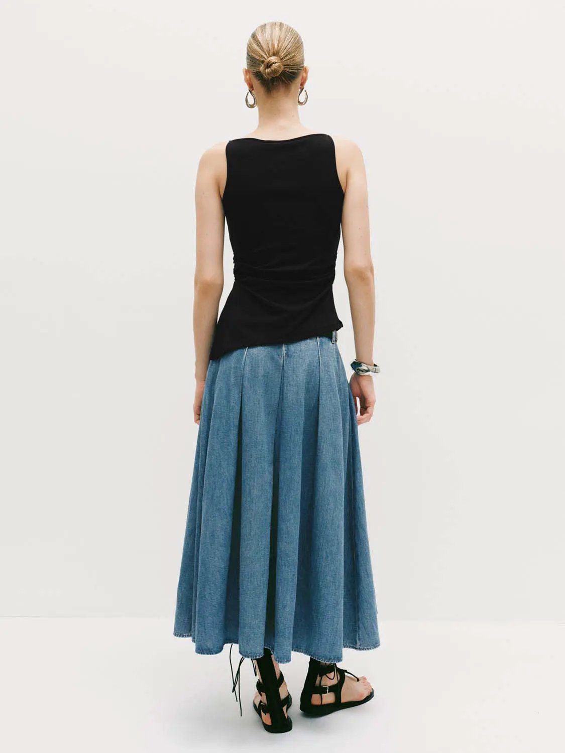 High Waist Pleated Belted Cotton Denim Midi Skirt