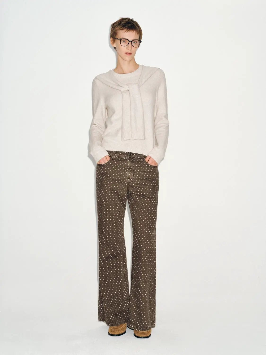 Polka Dot Wide-leg High-waisted Cotton Blend Pants