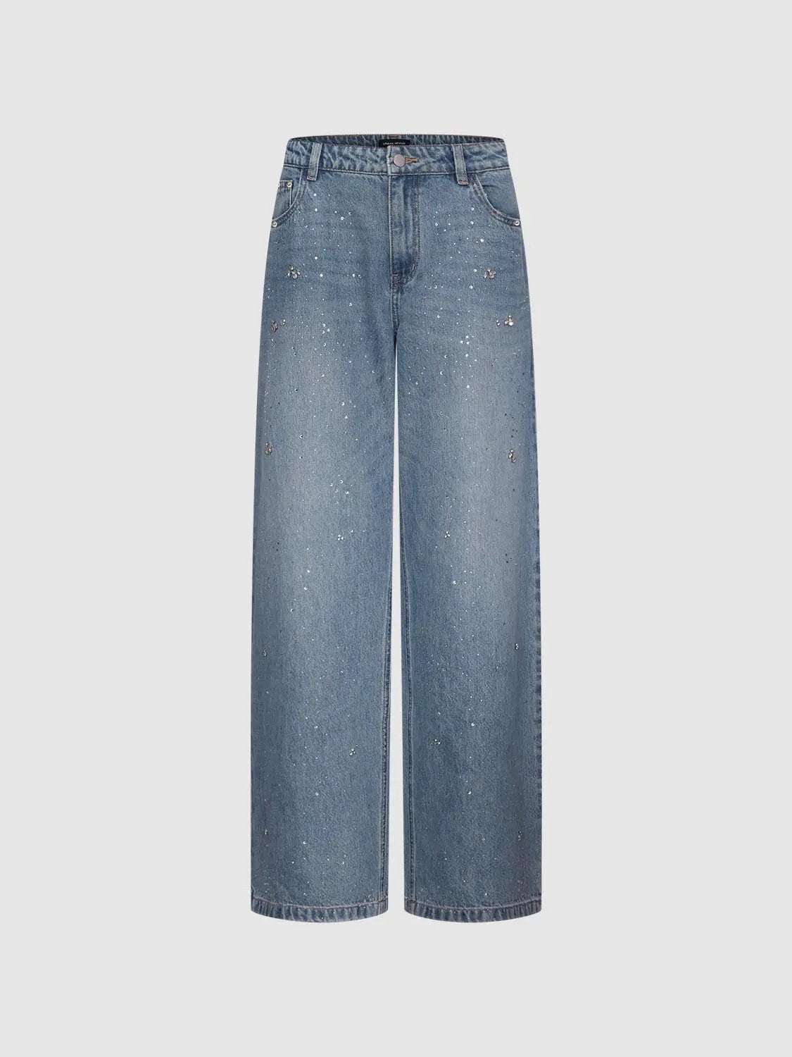 Rhinestone Light Wash Wide-leg High-waisted Cotton Jeans