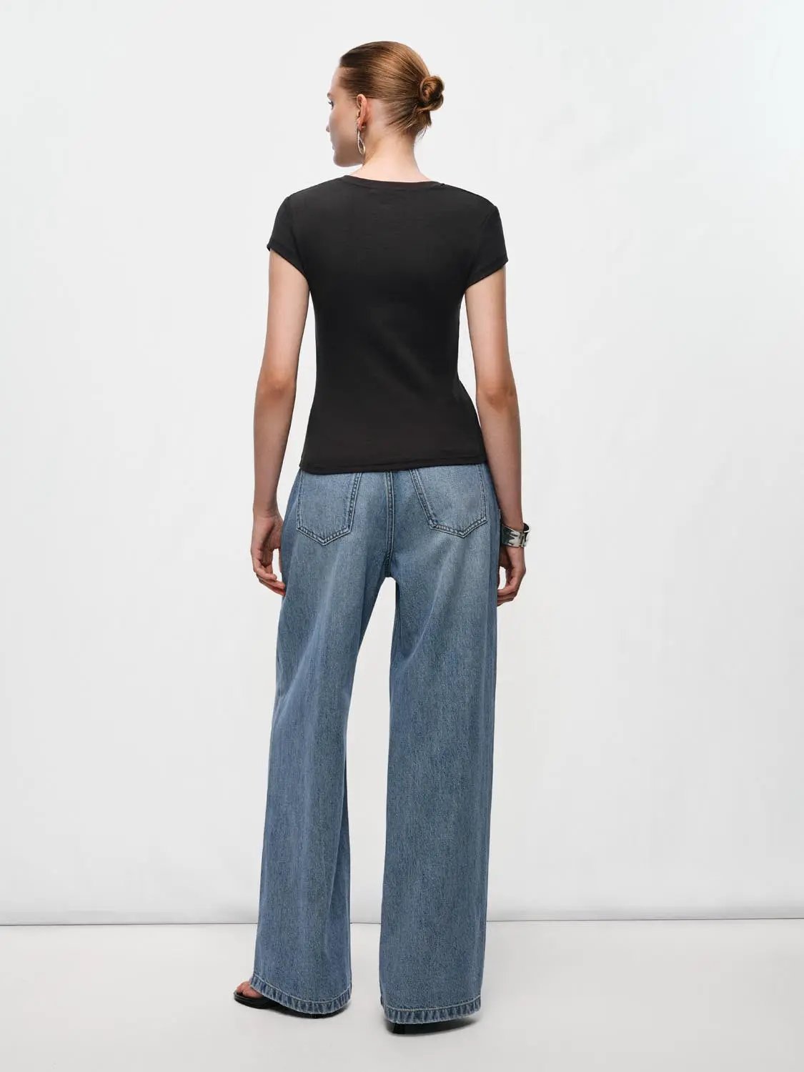 Rhinestone Light Wash Wide-leg High-waisted Cotton Jeans
