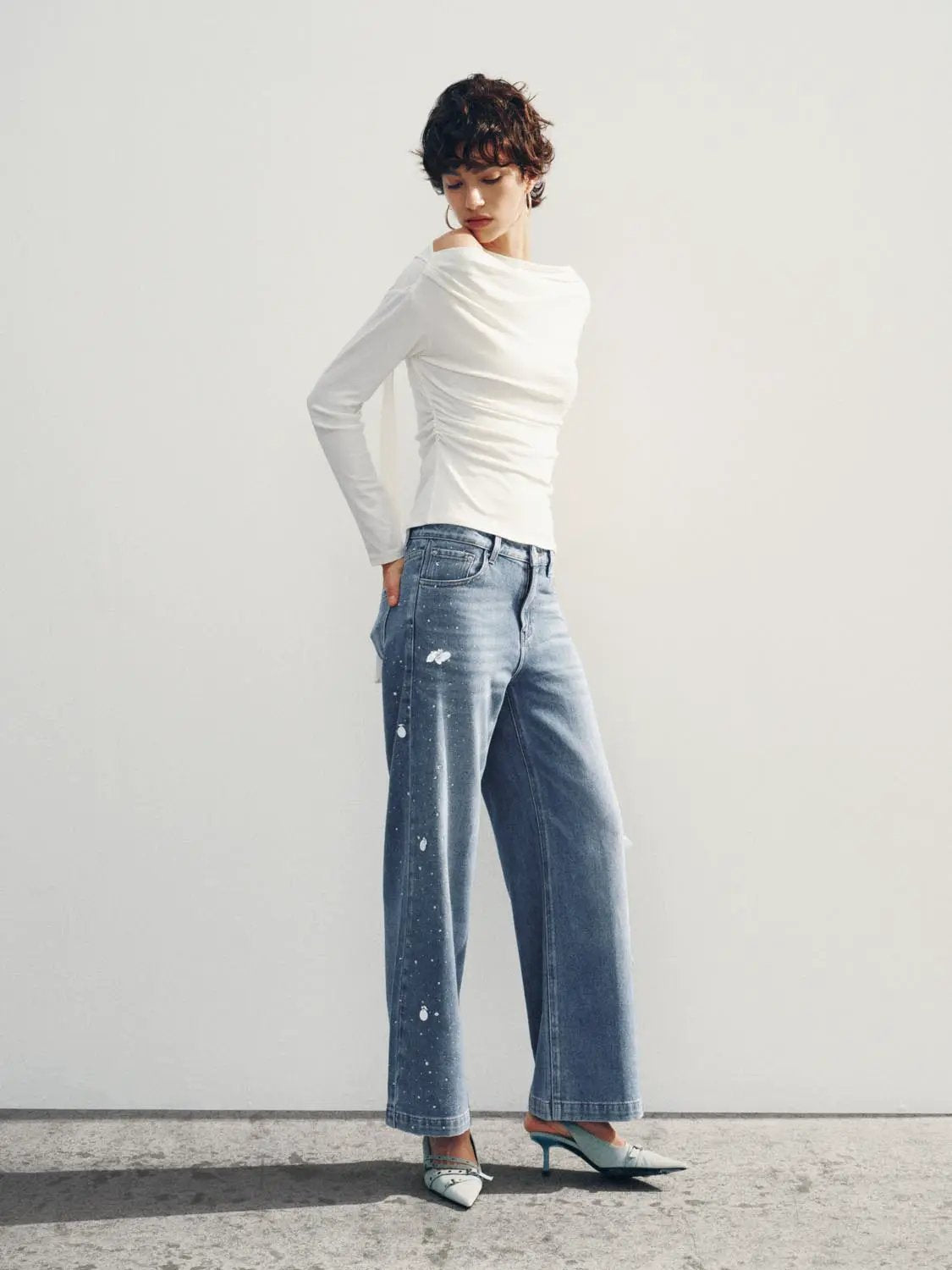 High-waisted Distressed Printed Cotton Blend Wide-leg Jeans