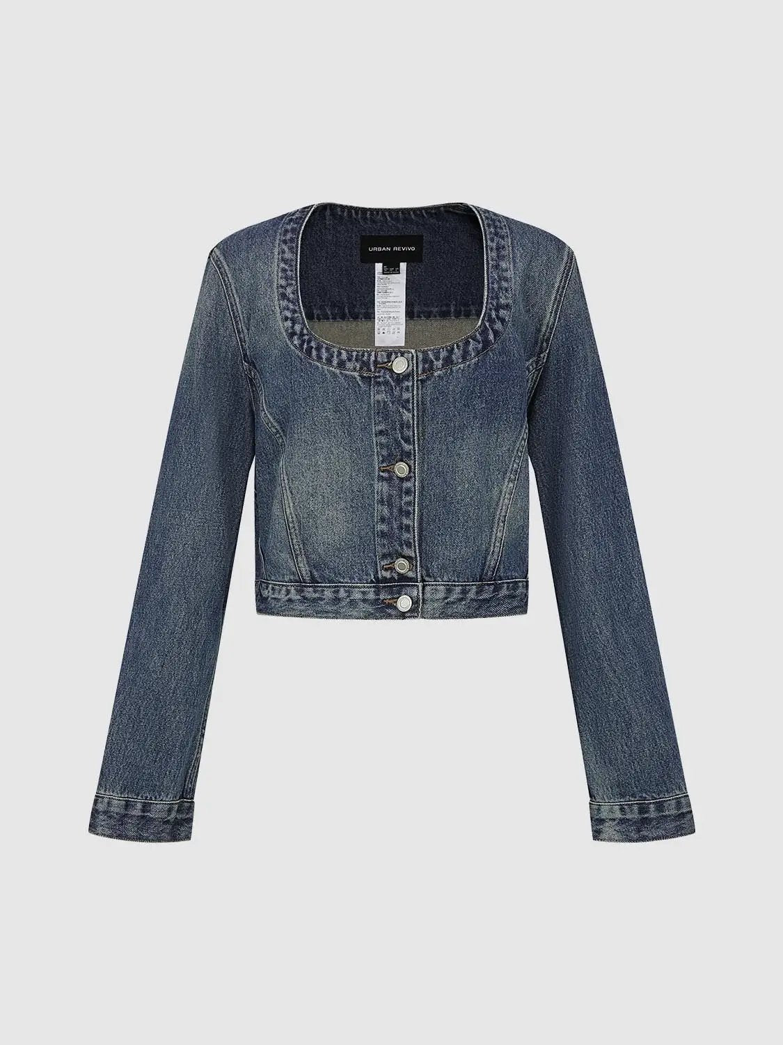 Square Neck Long Sleeve Cotton Denim Jacket