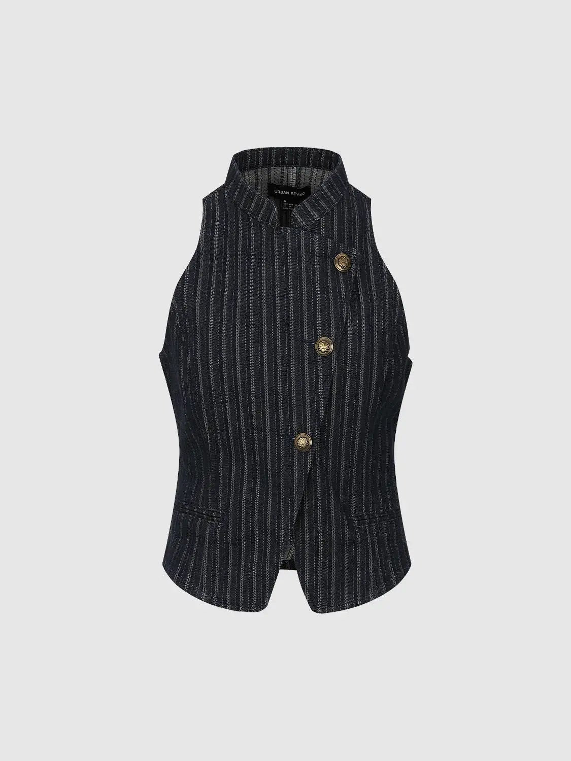Striped Button Front Sleeveless Cotton Blend Vest