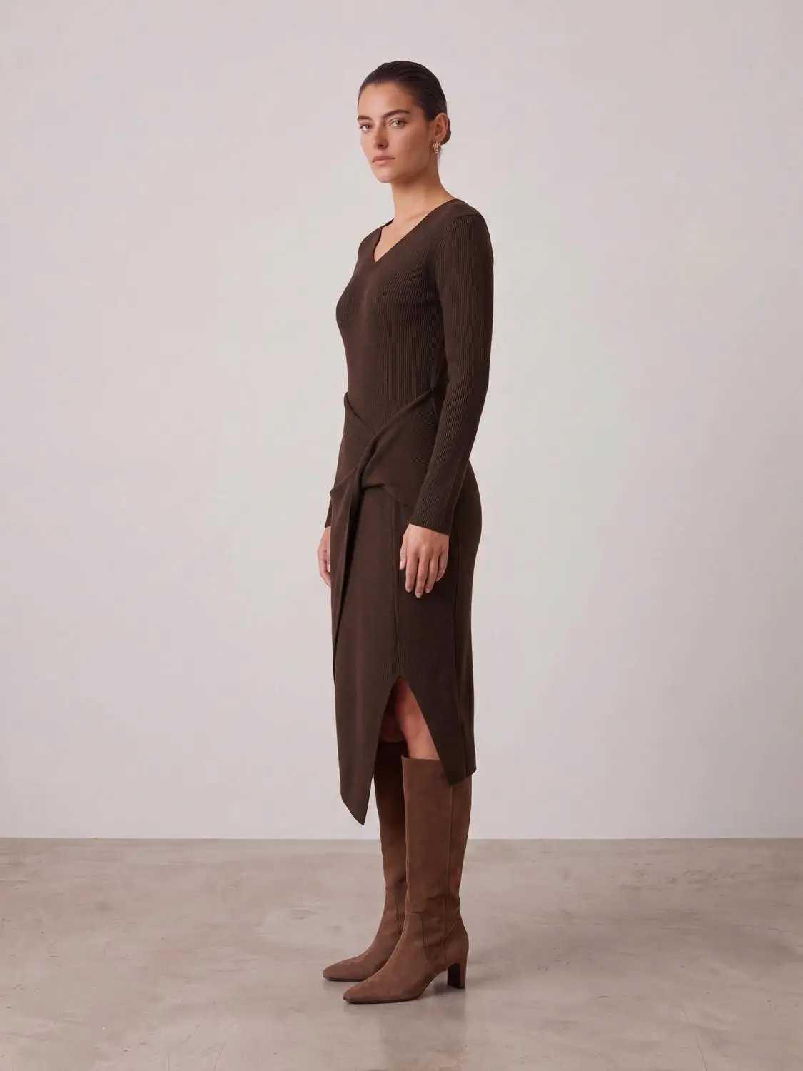 Knot Front Slim Fit Long Sleeve Midi Dresses