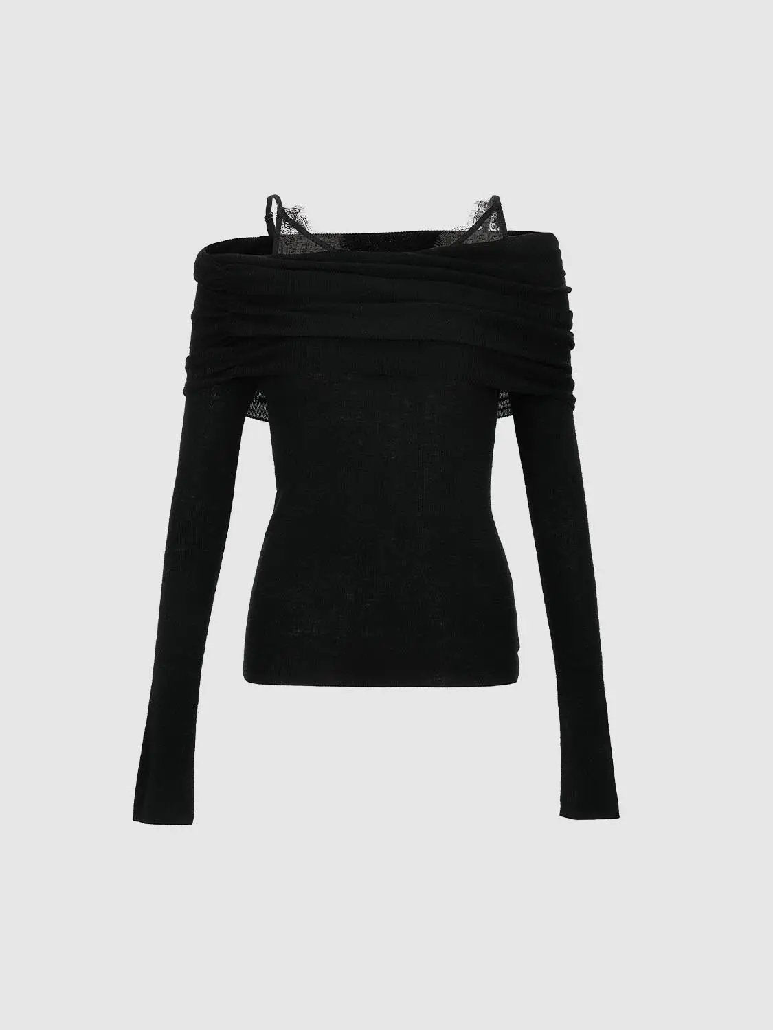 Off-Shoulder Lace Detail Long Sleeve Knit T-shirt