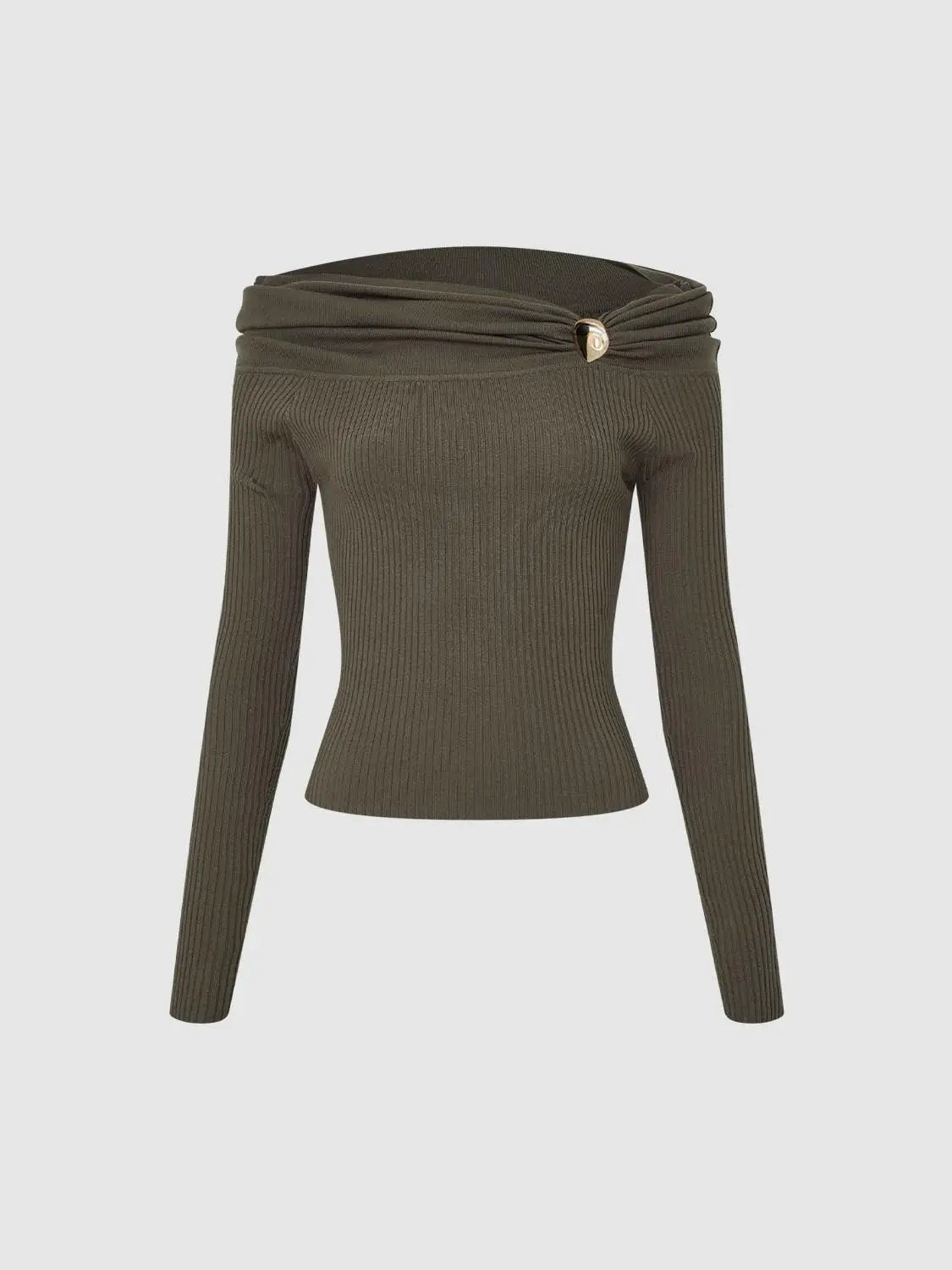 Ribbed Twist Neck Long Sleeve Fitted Knit T-Shirt