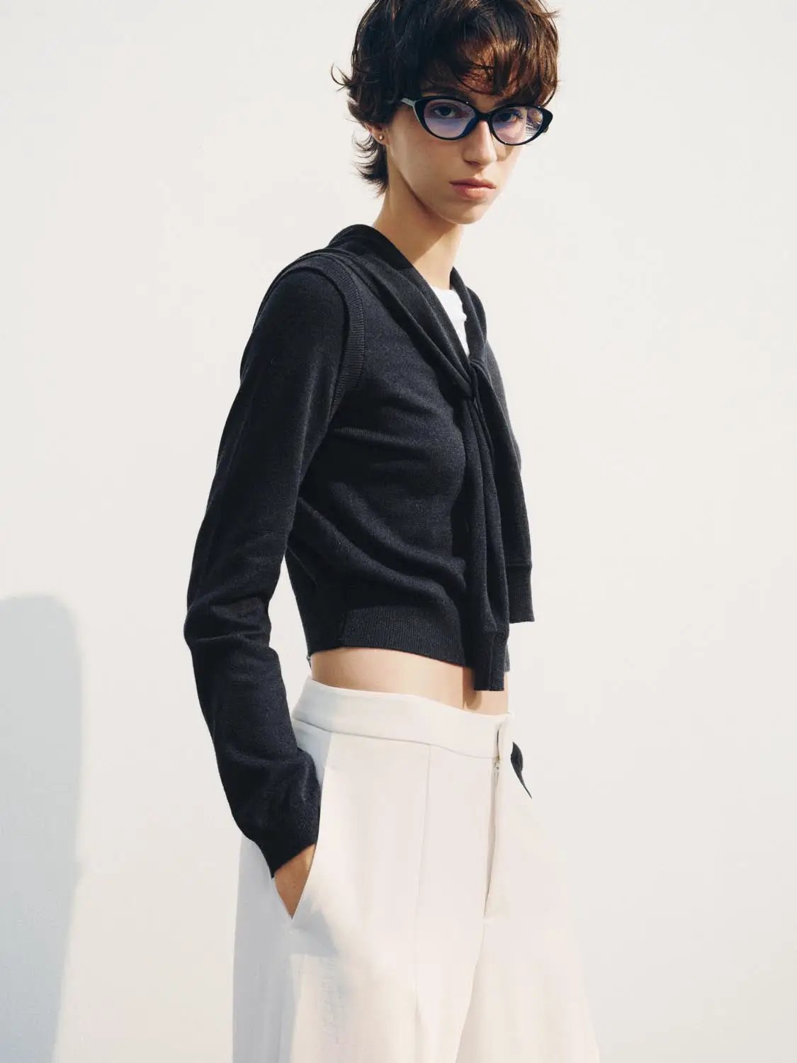 Ribbed Shawl Tie Front Long Sleeve Knit Top