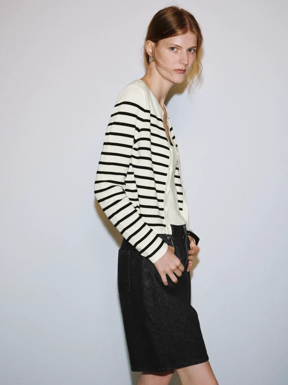Striped Crew Neck Long Sleeve Ribbed Knit Cardigan