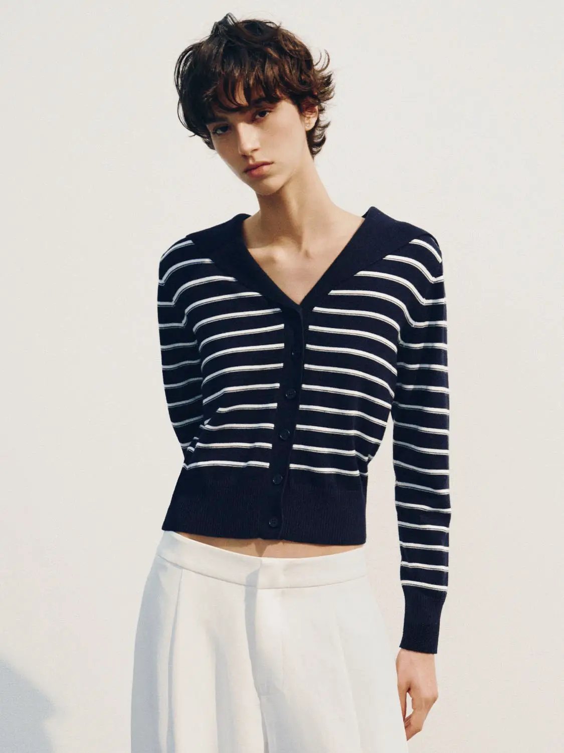 Striped Ribbed Long Sleeve V-neck Knit Cardigan
