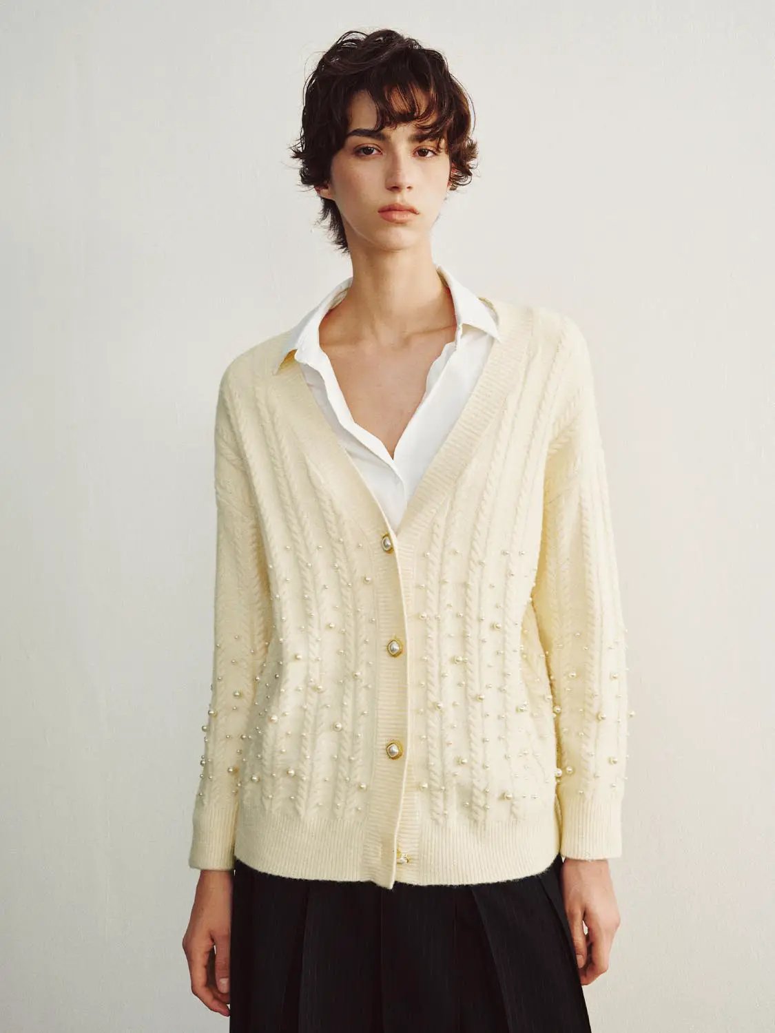 Cable Knit Pearl Embellished Long Sleeve Cardigan