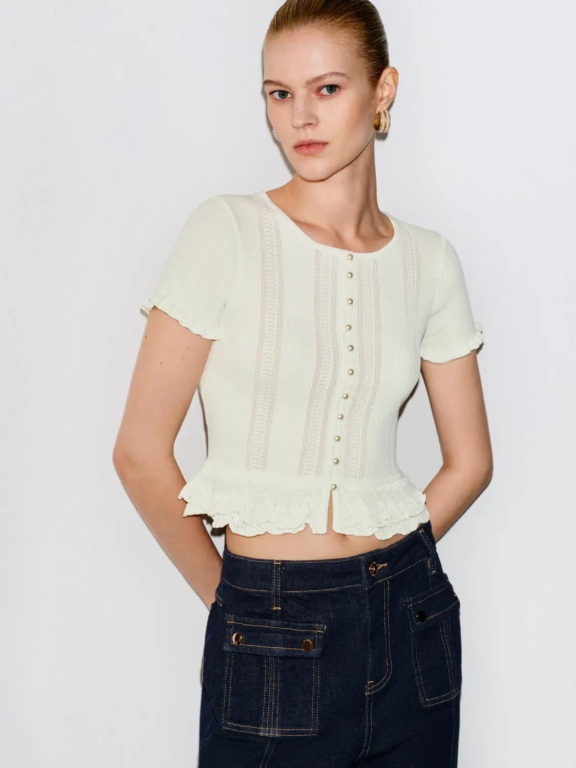 Crochet Lace Hem Knit Button Front Shirt