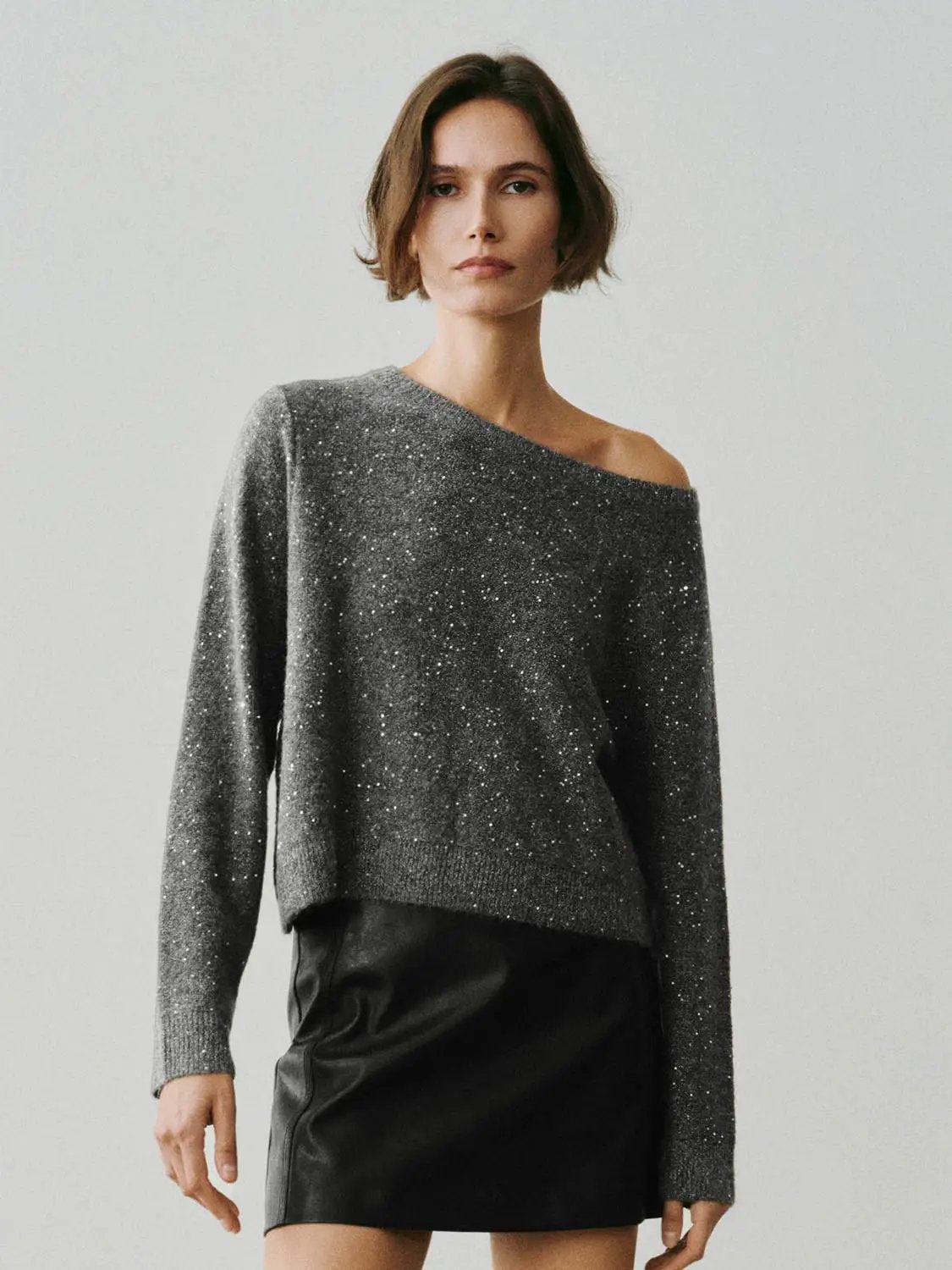 One-Shoulder Metallic Ribbed Long Sleeve Sweater