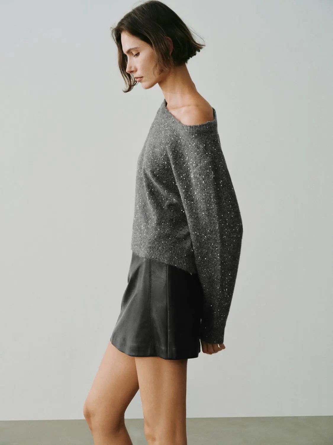 One-Shoulder Metallic Ribbed Long Sleeve Sweater