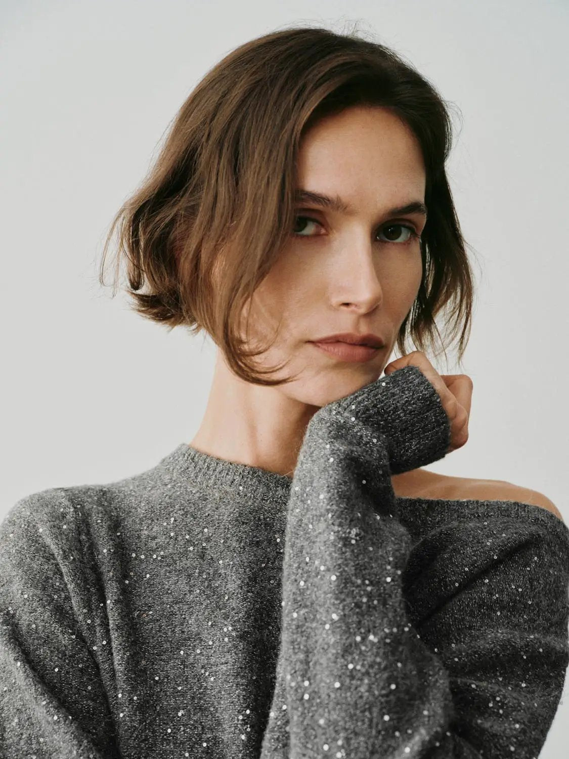 One-Shoulder Metallic Ribbed Long Sleeve Sweater
