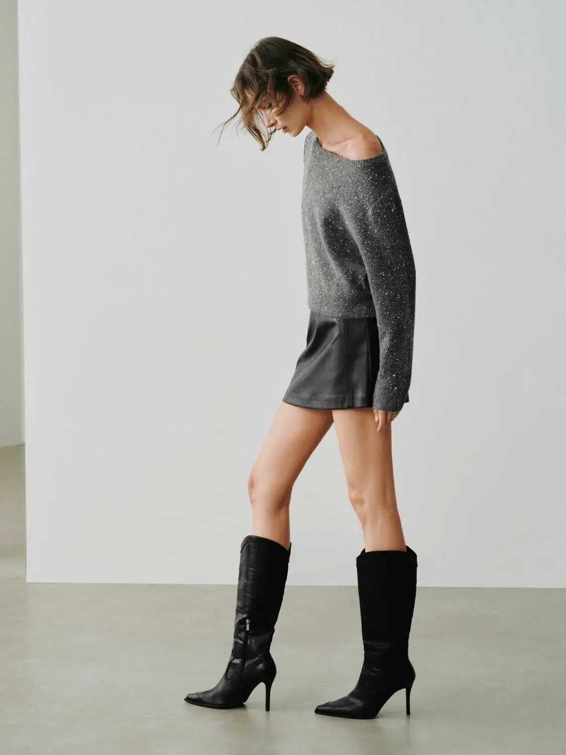 One-Shoulder Metallic Ribbed Long Sleeve Sweater