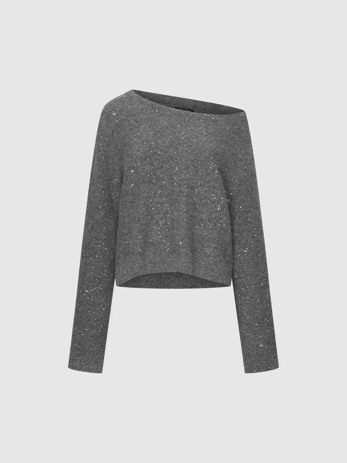 One-Shoulder Metallic Ribbed Long Sleeve Sweater