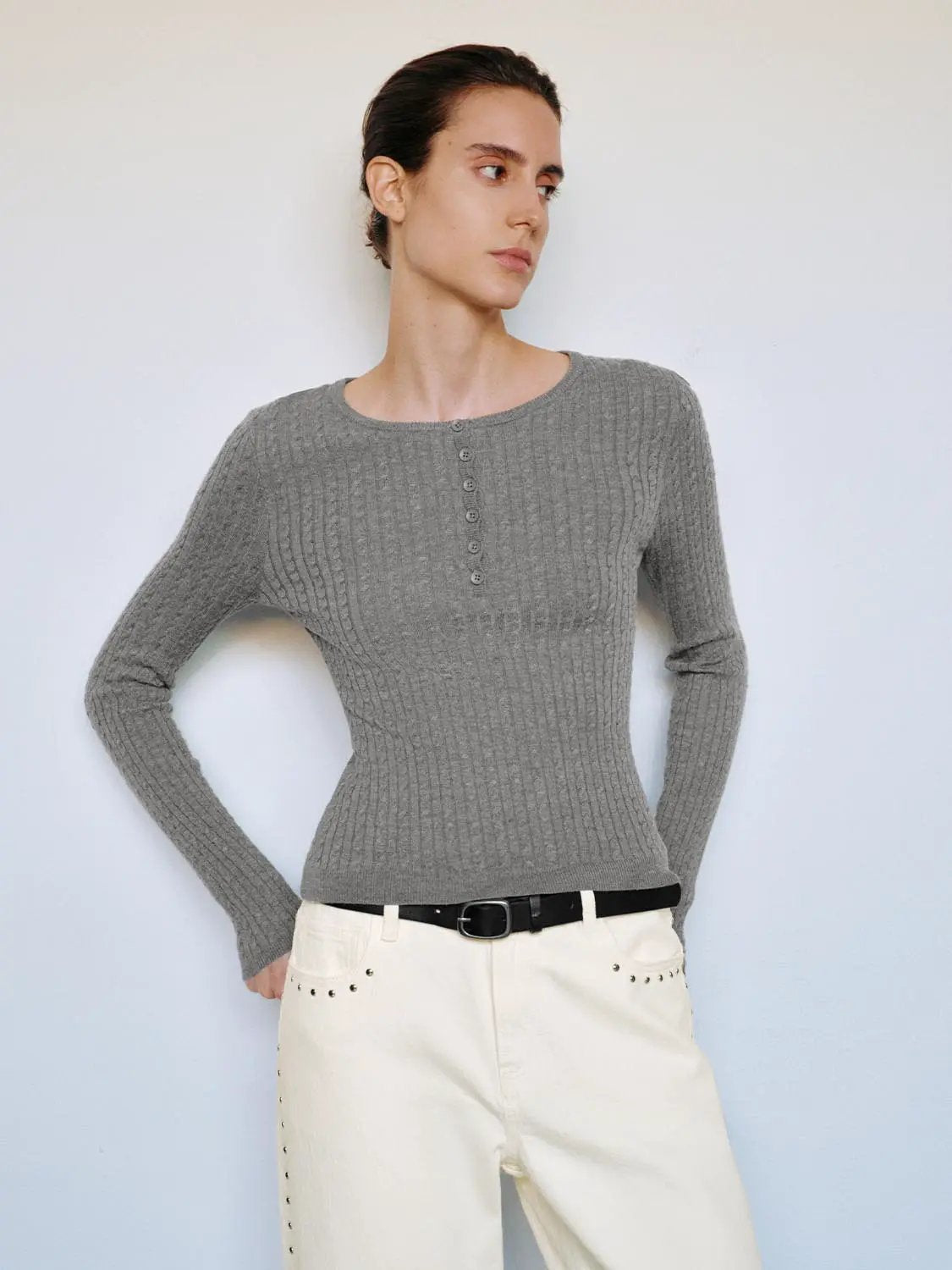 Ribbed Button Placket Crew Neck Fitted Long Sleeve Top