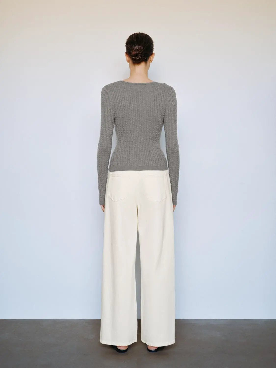 Ribbed Button Placket Crew Neck Fitted Long Sleeve Top