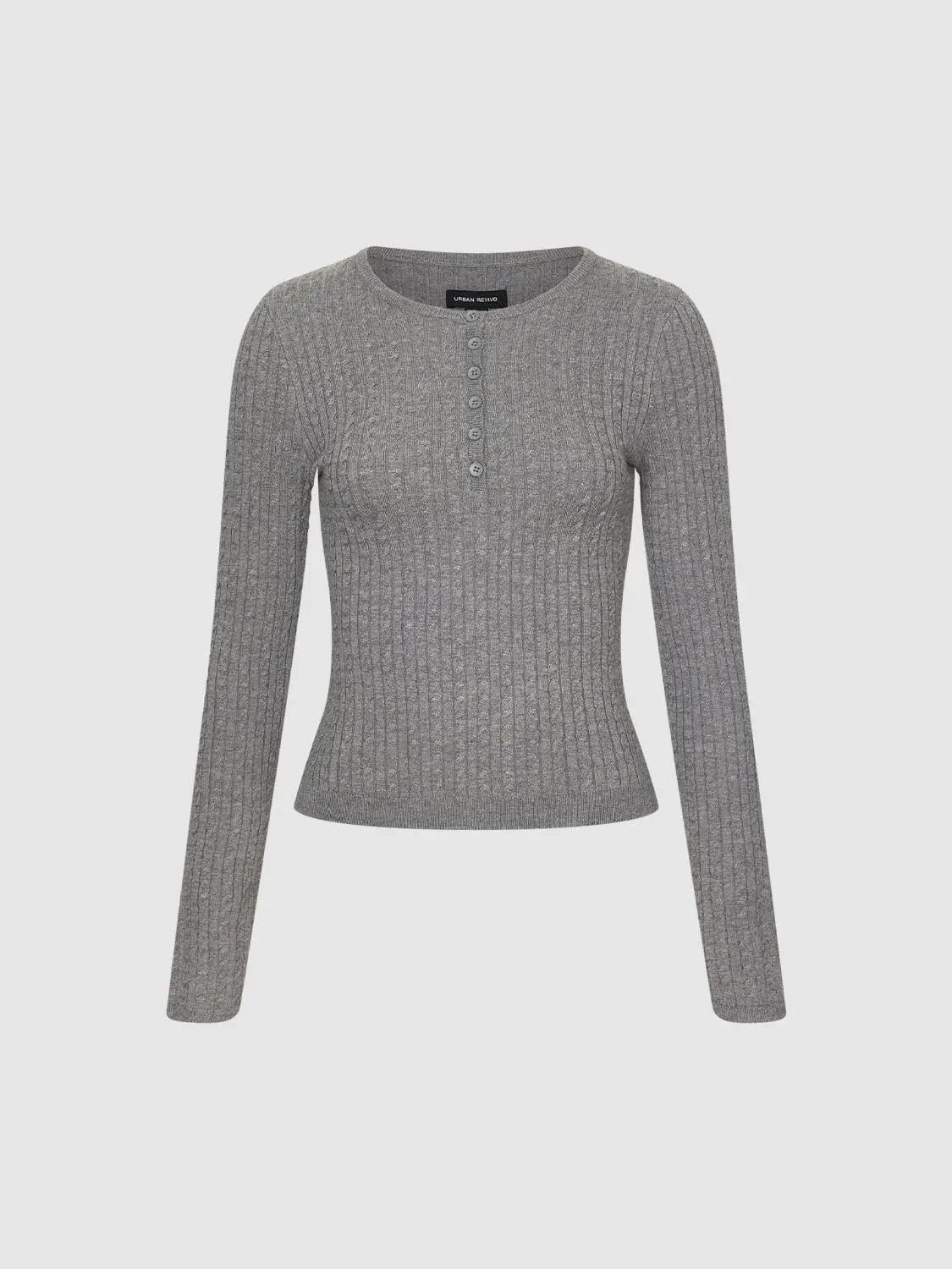 Ribbed Button Placket Crew Neck Fitted Long Sleeve Top