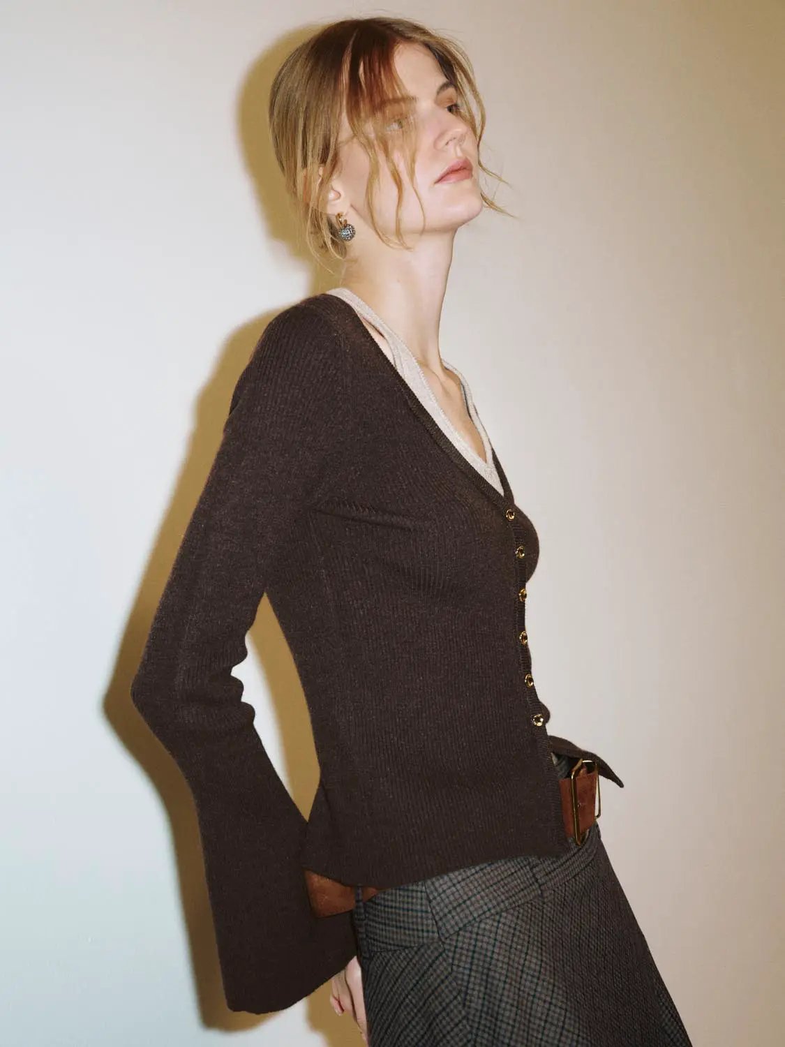 Ribbed Button V-neck Long Sleeve Sweater